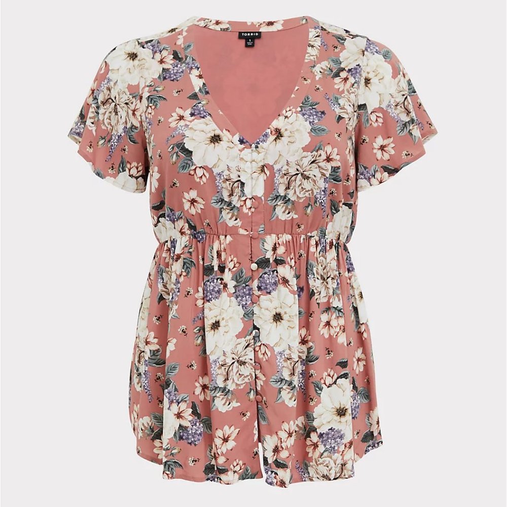 TORRID ROSE FLORAL CHALLIS BUTTON BABYDOLL TOP NWT sz 3 - Picture 3 of 9